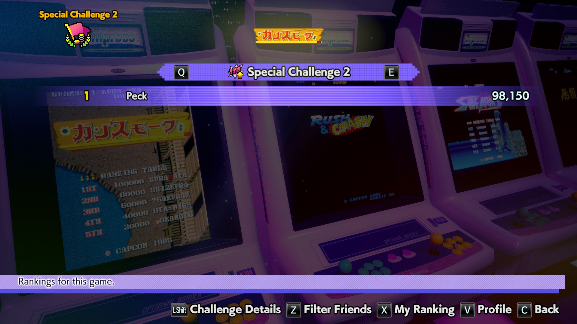 gun.smoke special challenge 2 leaderboard, featuring only one score: Peck - 98,150